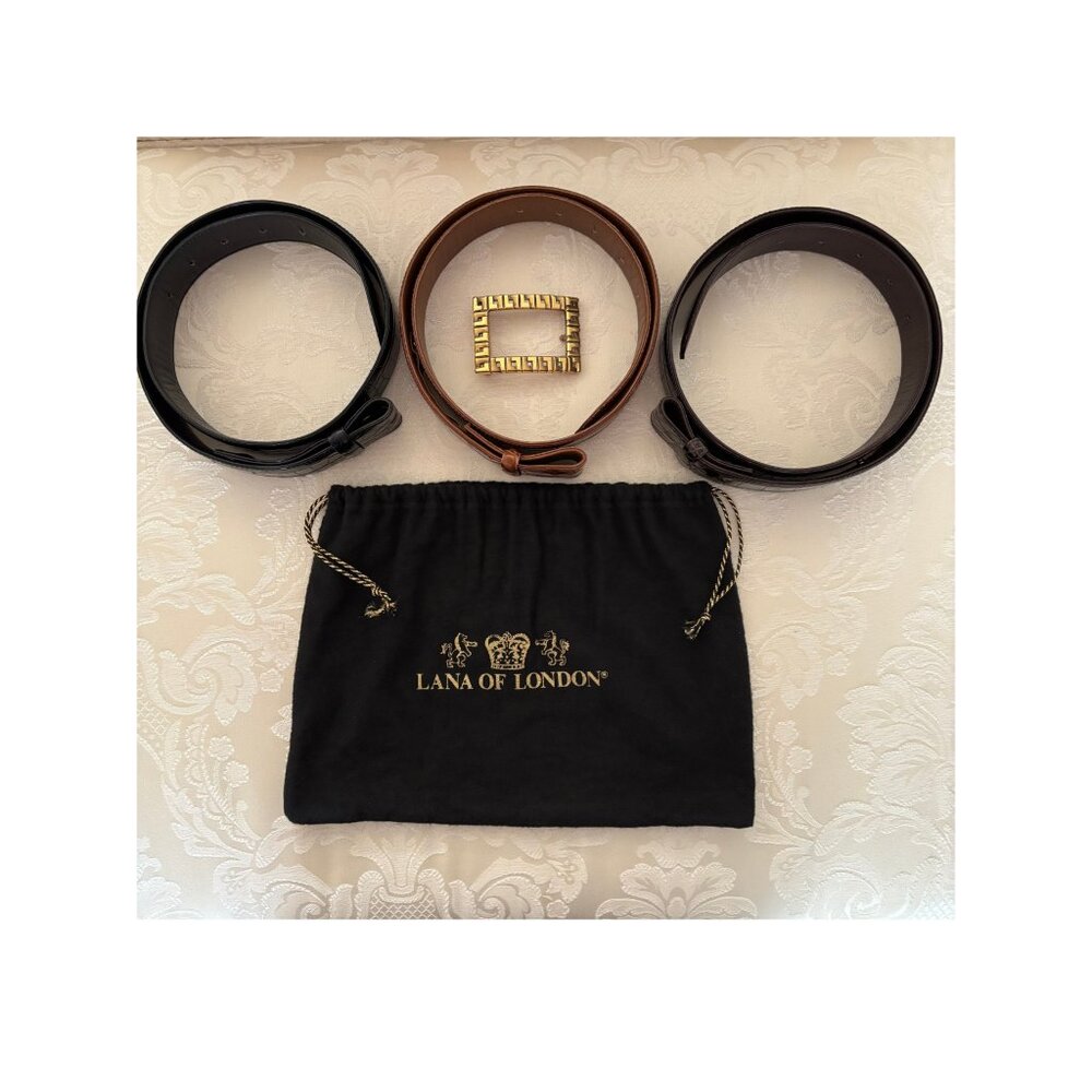 Vintage Lana of London, Set 3 Alligator Belts w/Gold Logo Buckle, Blk Brn Rust M